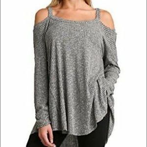 Umgee Gray Cold Shoulder Thermal Ribbed Tunic